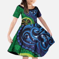 New Zealand Matariki Fern Frond Koru Family Matching Puletasi and Hawaiian Shirt with Galaxy Blue Sky and Green Paua Shell Art LT03 Daughter's Dress Blue - Polynesian Pride