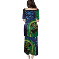 New Zealand Matariki Fern Frond Koru Family Matching Puletasi and Hawaiian Shirt with Galaxy Blue Sky and Green Paua Shell Art LT03 - Polynesian Pride