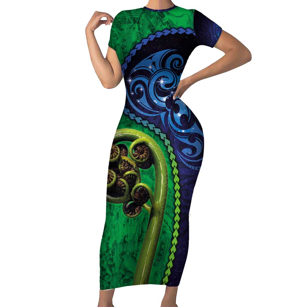 New Zealand Matariki Fern Frond Koru Family Matching Short Sleeve Bodycon Dress and Hawaiian Shirt with Galaxy Blue Sky and Green Paua Shell Art LT03 Mom's Dress Blue - Polynesian Pride
