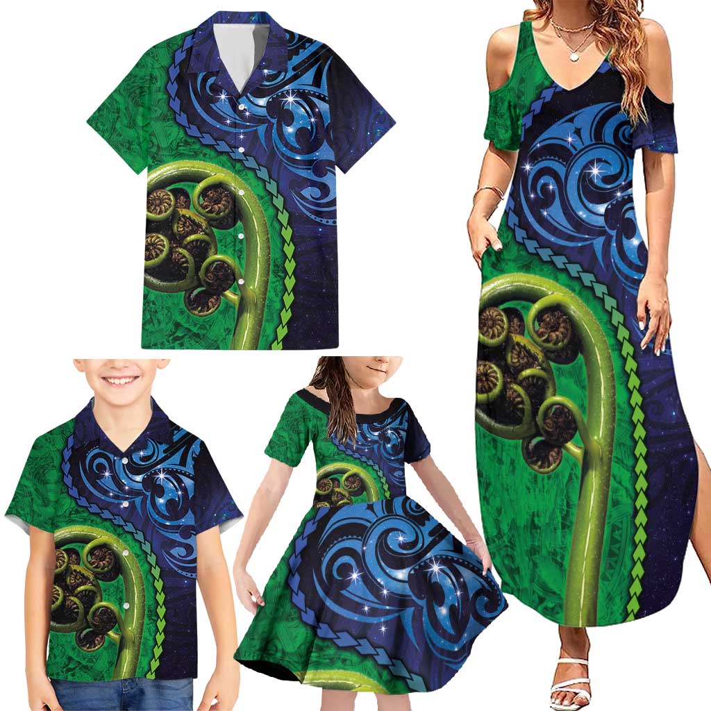 New Zealand Matariki Fern Frond Koru Family Matching Summer Maxi Dress and Hawaiian Shirt with Galaxy Blue Sky and Green Paua Shell Art LT03 - Polynesian Pride