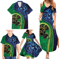 New Zealand Matariki Fern Frond Koru Family Matching Summer Maxi Dress and Hawaiian Shirt with Galaxy Blue Sky and Green Paua Shell Art LT03 - Polynesian Pride