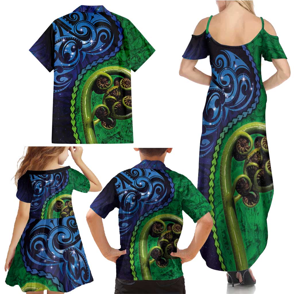 New Zealand Matariki Fern Frond Koru Family Matching Summer Maxi Dress and Hawaiian Shirt with Galaxy Blue Sky and Green Paua Shell Art LT03 - Polynesian Pride