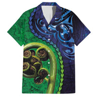 New Zealand Matariki Fern Frond Koru Family Matching Summer Maxi Dress and Hawaiian Shirt with Galaxy Blue Sky and Green Paua Shell Art LT03 Dad's Shirt - Short Sleeve Blue - Polynesian Pride