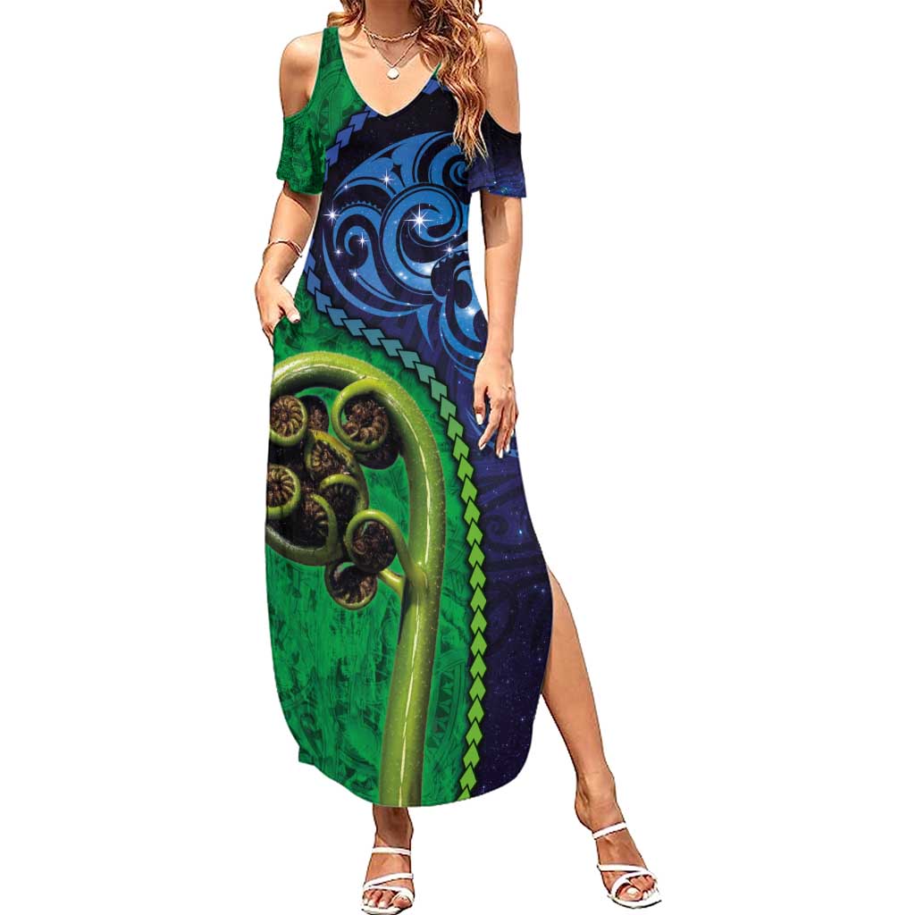 New Zealand Matariki Fern Frond Koru Family Matching Summer Maxi Dress and Hawaiian Shirt with Galaxy Blue Sky and Green Paua Shell Art LT03 Mom's Dress Blue - Polynesian Pride