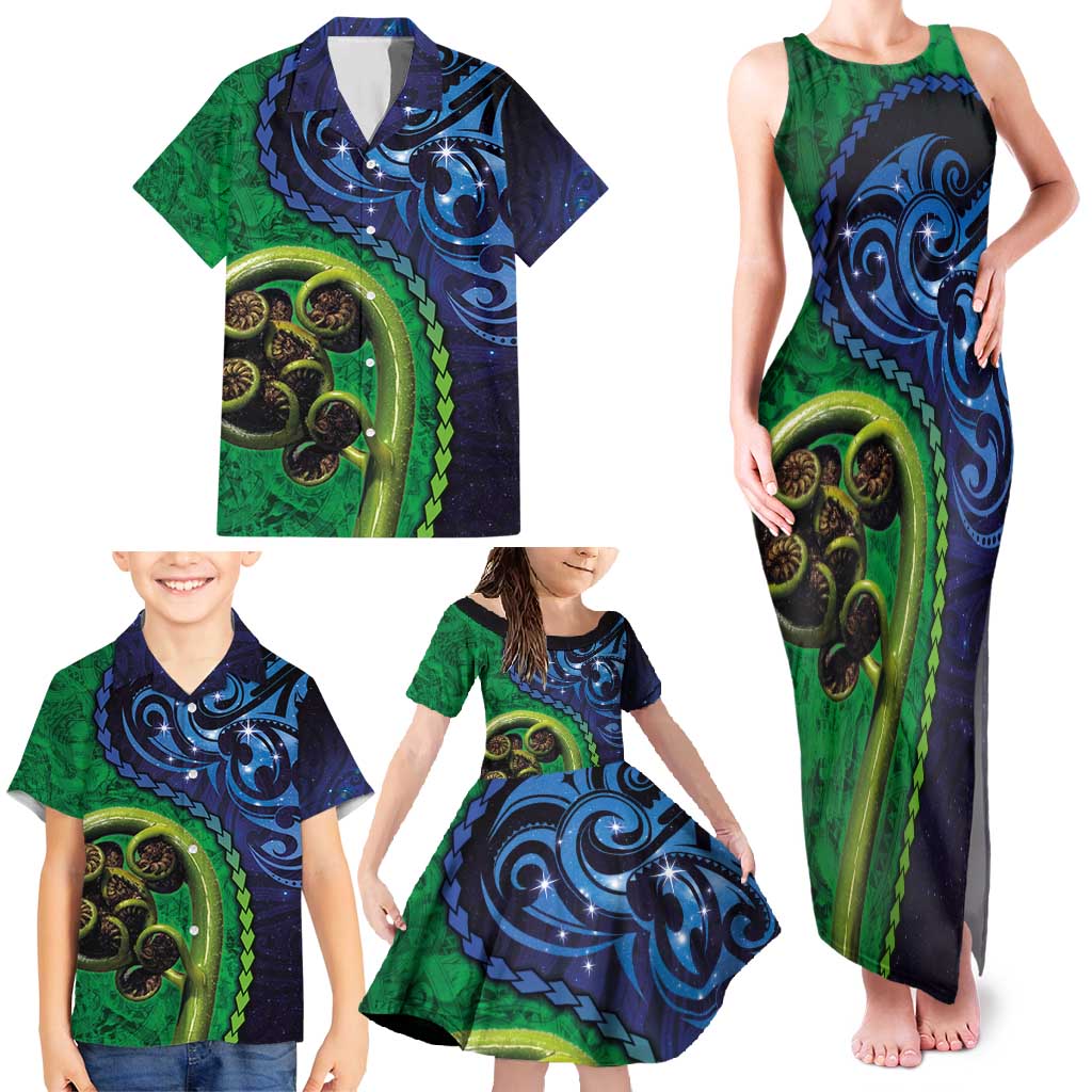 New Zealand Matariki Fern Frond Koru Family Matching Tank Maxi Dress and Hawaiian Shirt with Galaxy Blue Sky and Green Paua Shell Art LT03 - Polynesian Pride