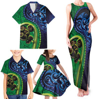 New Zealand Matariki Fern Frond Koru Family Matching Tank Maxi Dress and Hawaiian Shirt with Galaxy Blue Sky and Green Paua Shell Art LT03 - Polynesian Pride