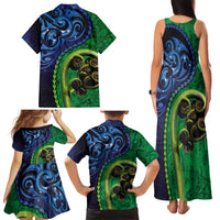 New Zealand Matariki Fern Frond Koru Family Matching Tank Maxi Dress and Hawaiian Shirt with Galaxy Blue Sky and Green Paua Shell Art LT03 - Polynesian Pride