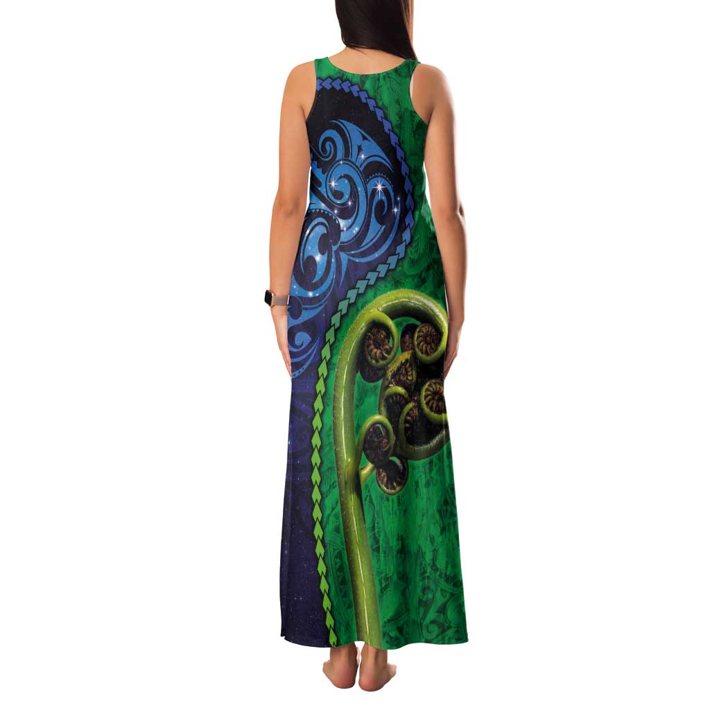 New Zealand Matariki Fern Frond Koru Family Matching Tank Maxi Dress and Hawaiian Shirt with Galaxy Blue Sky and Green Paua Shell Art LT03 - Polynesian Pride