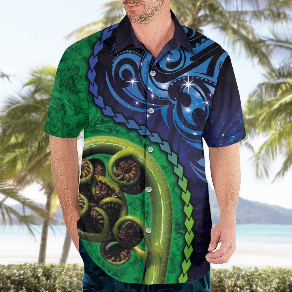 New Zealand Matariki Fern Frond Koru Hawaiian Shirt with Galaxy Blue Sky and Green Paua Shell Art LT03 - Polynesian Pride