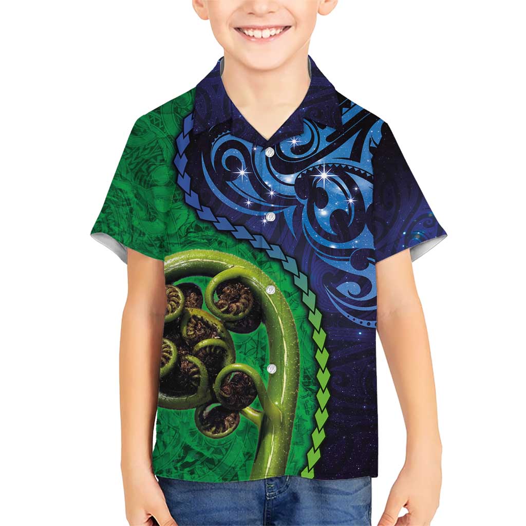New Zealand Matariki Fern Frond Koru Hawaiian Shirt with Galaxy Blue Sky and Green Paua Shell Art LT03 - Polynesian Pride