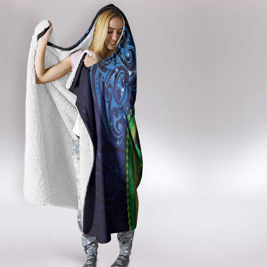 New Zealand Matariki Fern Frond Koru Hooded Blanket with Galaxy Blue Sky and Green Paua Shell Art