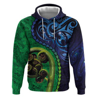 New Zealand Matariki Fern Frond Koru Hoodie with Galaxy Blue Sky and Green Paua Shell Art LT03 Pullover Hoodie Blue - Polynesian Pride