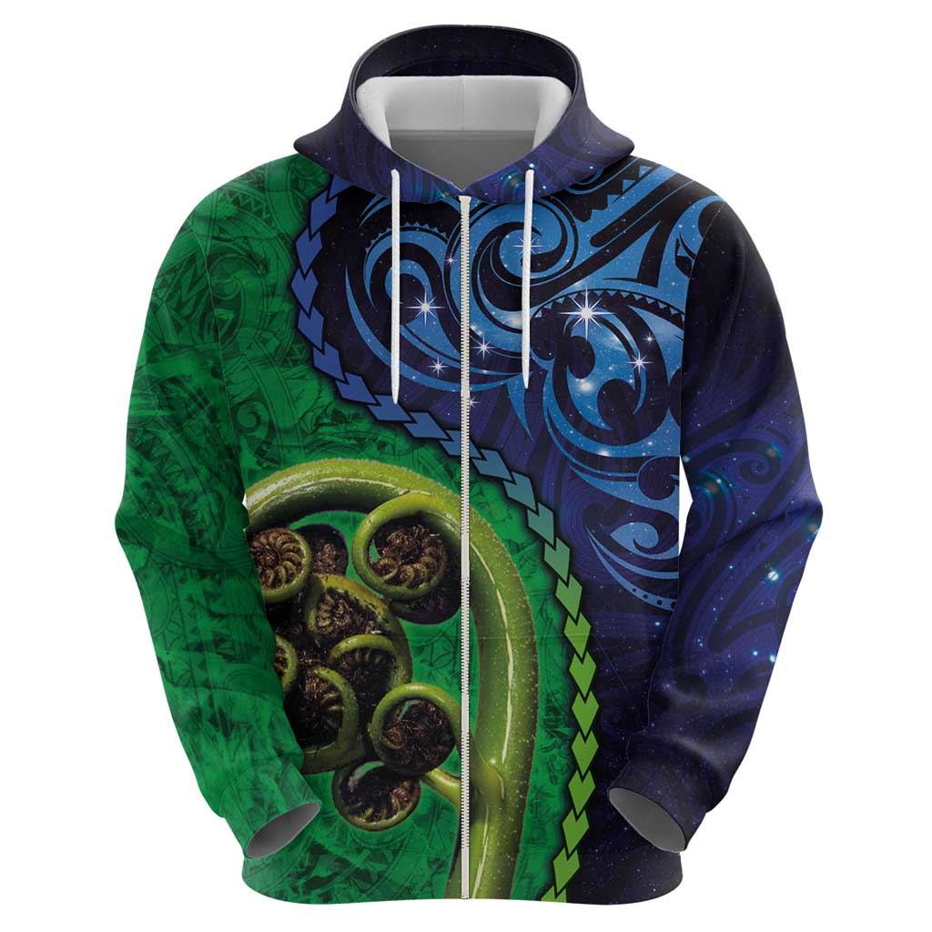 New Zealand Matariki Fern Frond Koru Hoodie with Galaxy Blue Sky and Green Paua Shell Art LT03 - Polynesian Pride