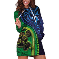 New Zealand Matariki Fern Frond Koru Hoodie Dress with Galaxy Blue Sky and Green Paua Shell Art LT03 Blue - Polynesian Pride