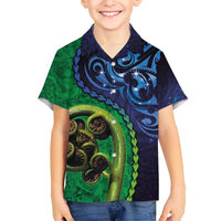 New Zealand Matariki Fern Frond Koru Kid Hawaiian Shirt with Galaxy Blue Sky and Green Paua Shell Art LT03 Kid Blue - Polynesian Pride