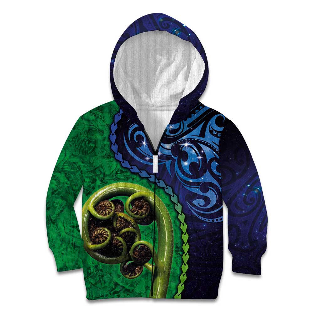 New Zealand Matariki Fern Frond Koru Kid Hoodie with Galaxy Blue Sky and Green Paua Shell Art LT03 Zip Hoodie Blue - Polynesian Pride