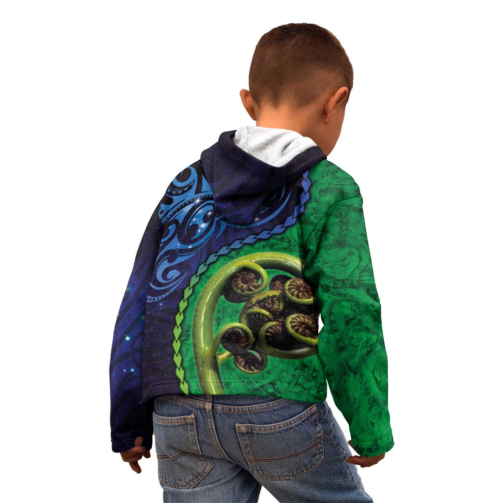 New Zealand Matariki Fern Frond Koru Kid Hoodie with Galaxy Blue Sky and Green Paua Shell Art LT03 - Polynesian Pride