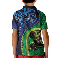 New Zealand Matariki Fern Frond Koru Kid Polo Shirt with Galaxy Blue Sky and Green Paua Shell Art LT03 - Polynesian Pride