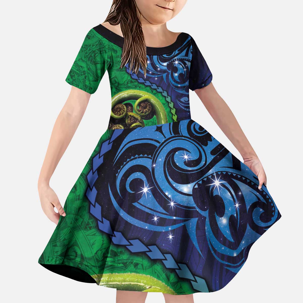 New Zealand Matariki Fern Frond Koru Kid Short Sleeve Dress with Galaxy Blue Sky and Green Paua Shell Art