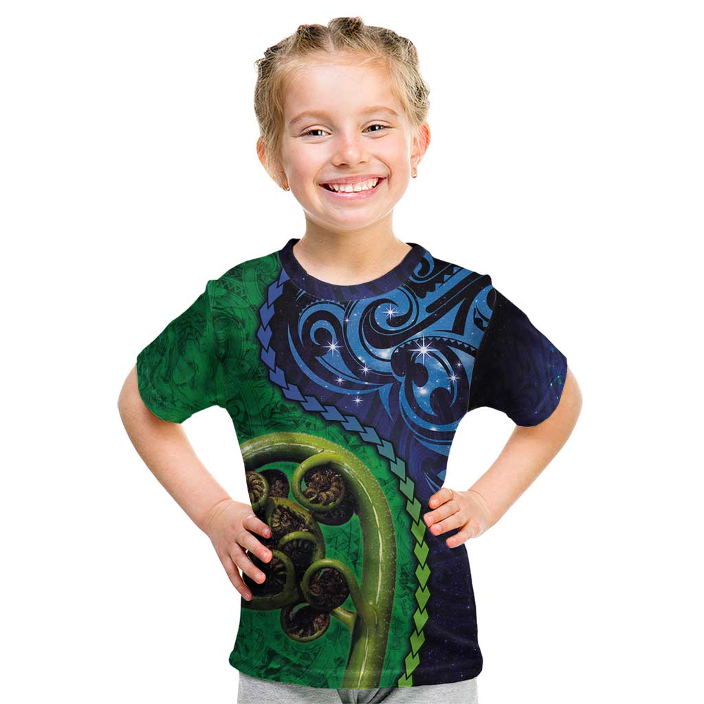 New Zealand Matariki Fern Frond Koru Kid T Shirt with Galaxy Blue Sky and Green Paua Shell Art LT03 Blue - Polynesian Pride