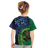 New Zealand Matariki Fern Frond Koru Kid T Shirt with Galaxy Blue Sky and Green Paua Shell Art LT03 - Polynesian Pride