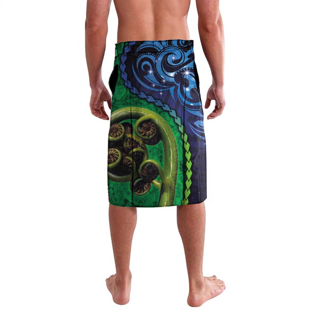 New Zealand Matariki Fern Frond Koru Lavalava with Galaxy Blue Sky and Green Paua Shell Art