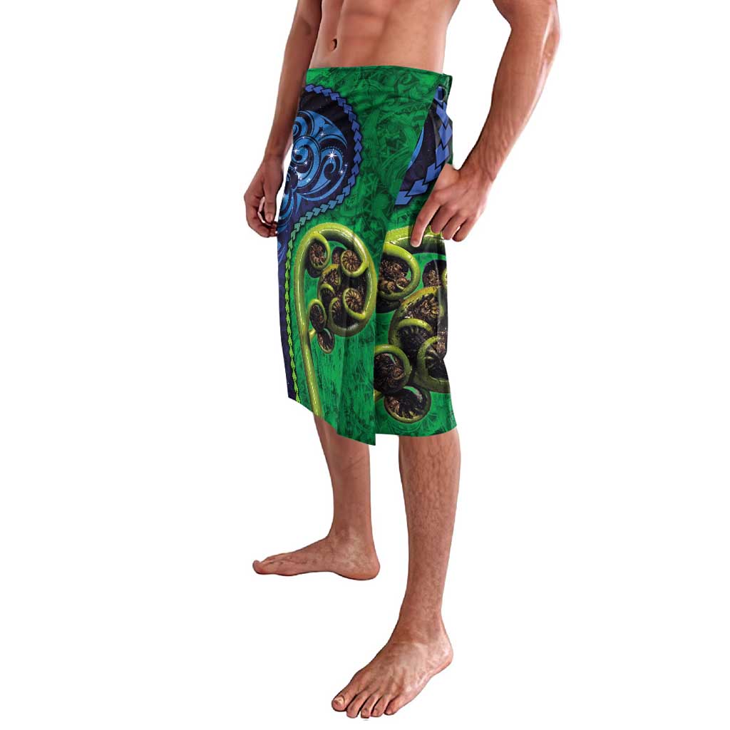 New Zealand Matariki Fern Frond Koru Lavalava with Galaxy Blue Sky and Green Paua Shell Art