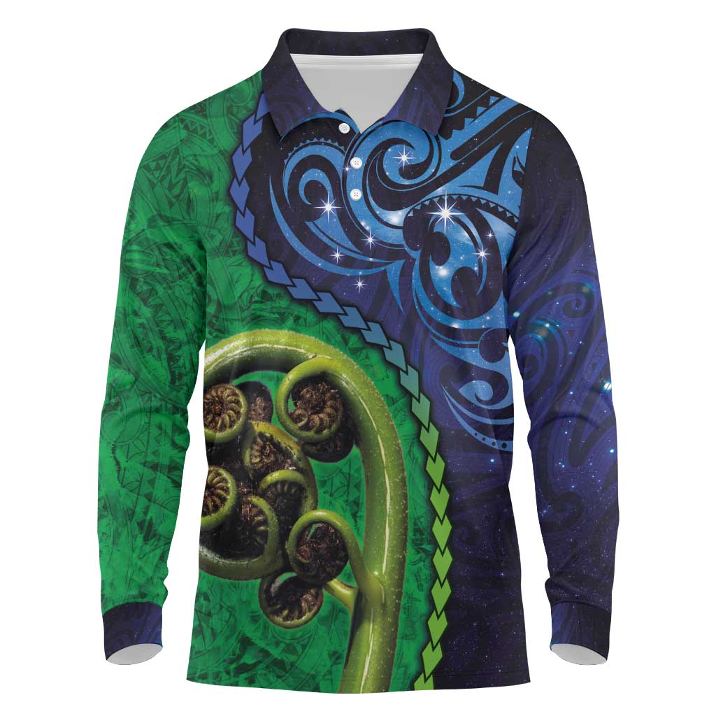 New Zealand Matariki Fern Frond Koru Long Sleeve Polo Shirt with Galaxy Blue Sky and Green Paua Shell Art LT03 Blue - Polynesian Pride