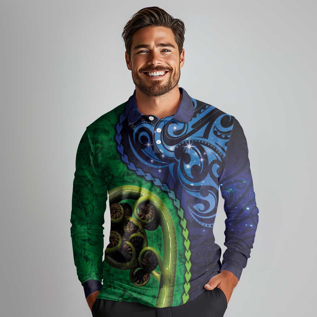 New Zealand Matariki Fern Frond Koru Long Sleeve Polo Shirt with Galaxy Blue Sky and Green Paua Shell Art LT03 - Polynesian Pride