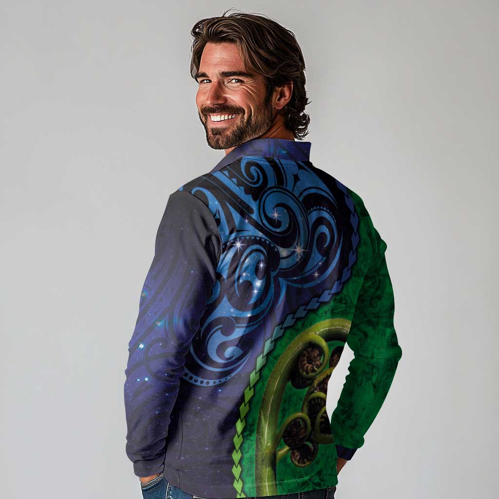 New Zealand Matariki Fern Frond Koru Long Sleeve Polo Shirt with Galaxy Blue Sky and Green Paua Shell Art LT03 - Polynesian Pride
