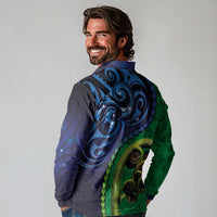 New Zealand Matariki Fern Frond Koru Long Sleeve Polo Shirt with Galaxy Blue Sky and Green Paua Shell Art LT03 - Polynesian Pride