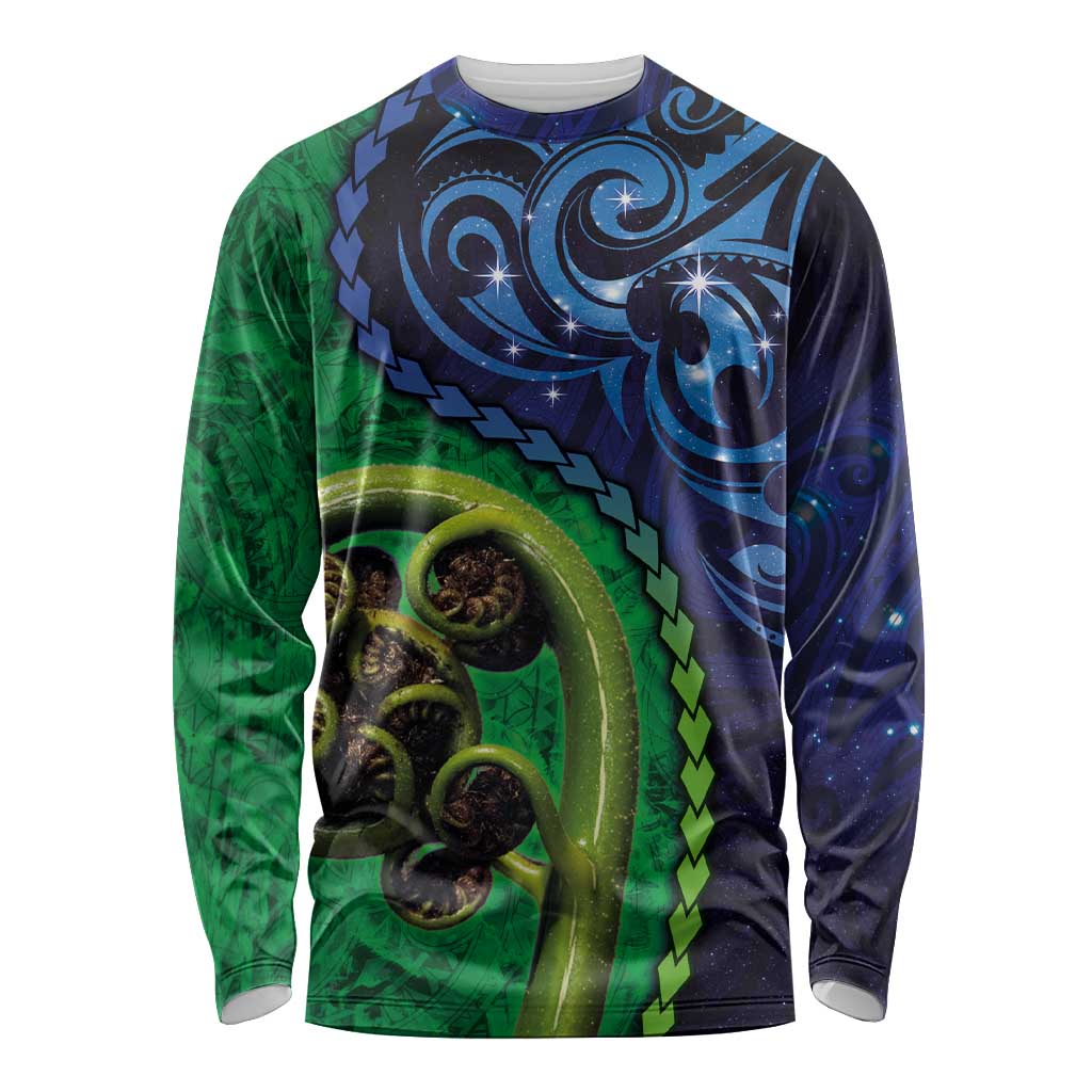 New Zealand Matariki Fern Frond Koru Long Sleeve Shirt with Galaxy Blue Sky and Green Paua Shell Art LT03 Unisex Blue - Polynesian Pride