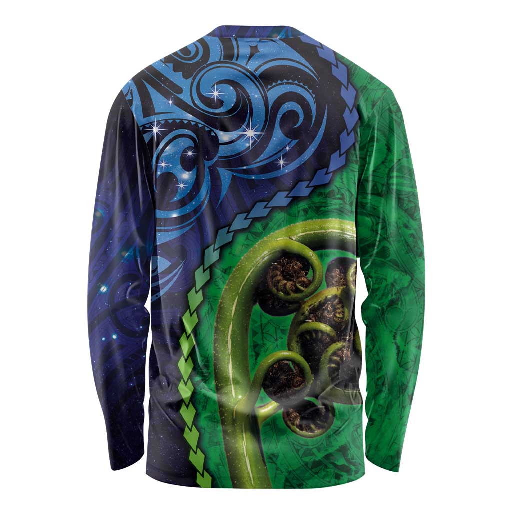 New Zealand Matariki Fern Frond Koru Long Sleeve Shirt with Galaxy Blue Sky and Green Paua Shell Art LT03 - Polynesian Pride