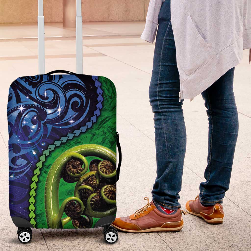 New Zealand Matariki Fern Frond Koru Luggage Cover with Galaxy Blue Sky and Green Paua Shell Art LT03 Blue - Polynesian Pride