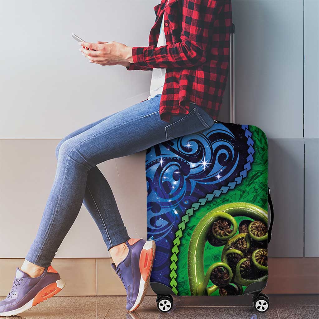 New Zealand Matariki Fern Frond Koru Luggage Cover with Galaxy Blue Sky and Green Paua Shell Art LT03 - Polynesian Pride
