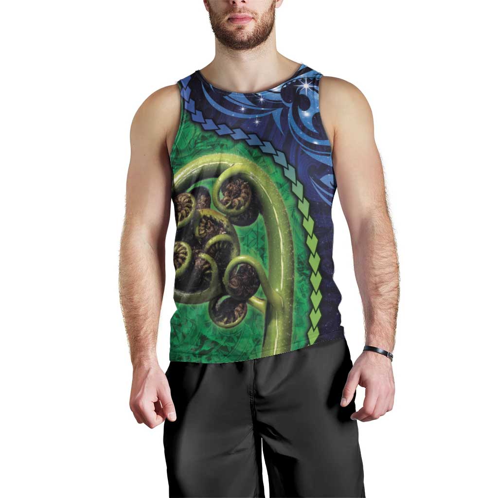 New Zealand Matariki Fern Frond Koru Men Tank Top with Galaxy Blue Sky and Green Paua Shell Art