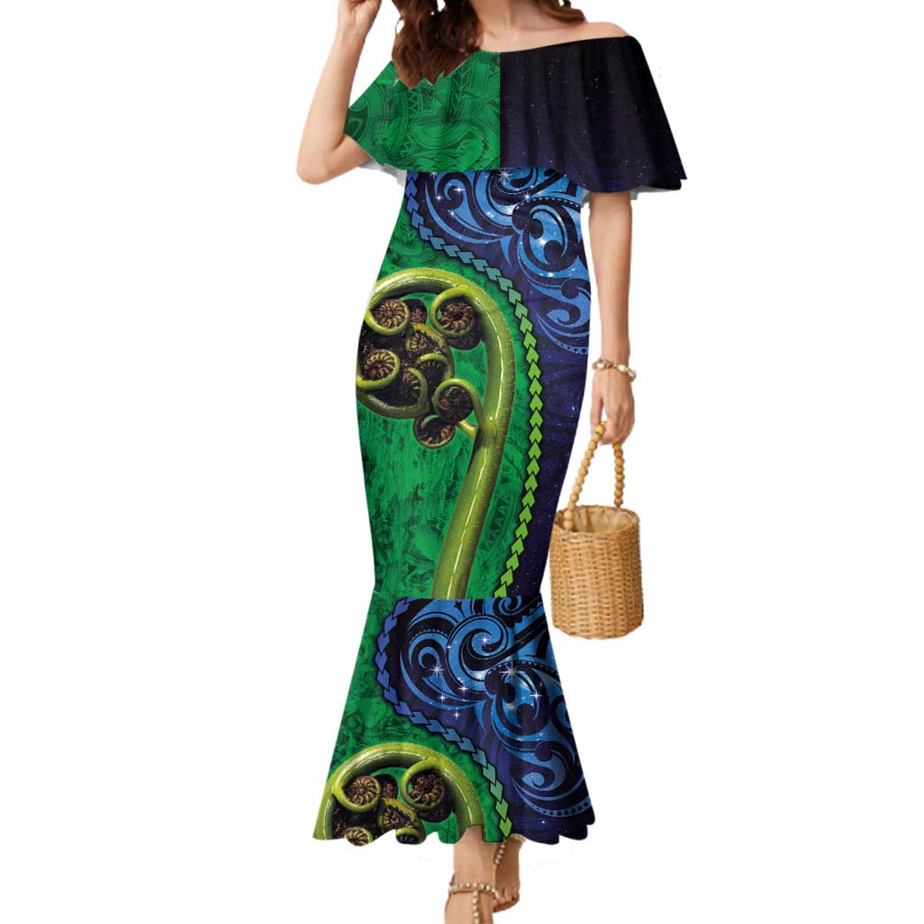New Zealand Matariki Fern Frond Koru Mermaid Dress with Galaxy Blue Sky and Green Paua Shell Art