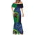 New Zealand Matariki Fern Frond Koru Mermaid Dress with Galaxy Blue Sky and Green Paua Shell Art