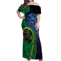 New Zealand Matariki Fern Frond Koru Off Shoulder Maxi Dress with Galaxy Blue Sky and Green Paua Shell Art LT03 Women Blue - Polynesian Pride
