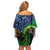 New Zealand Matariki Fern Frond Koru Off Shoulder Short Dress with Galaxy Blue Sky and Green Paua Shell Art