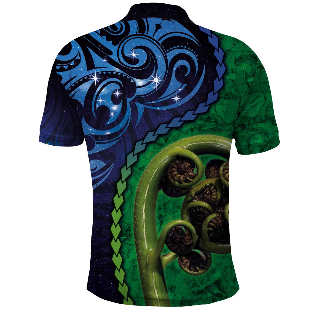 New Zealand Matariki Fern Frond Koru Polo Shirt with Galaxy Blue Sky and Green Paua Shell Art LT03 - Polynesian Pride
