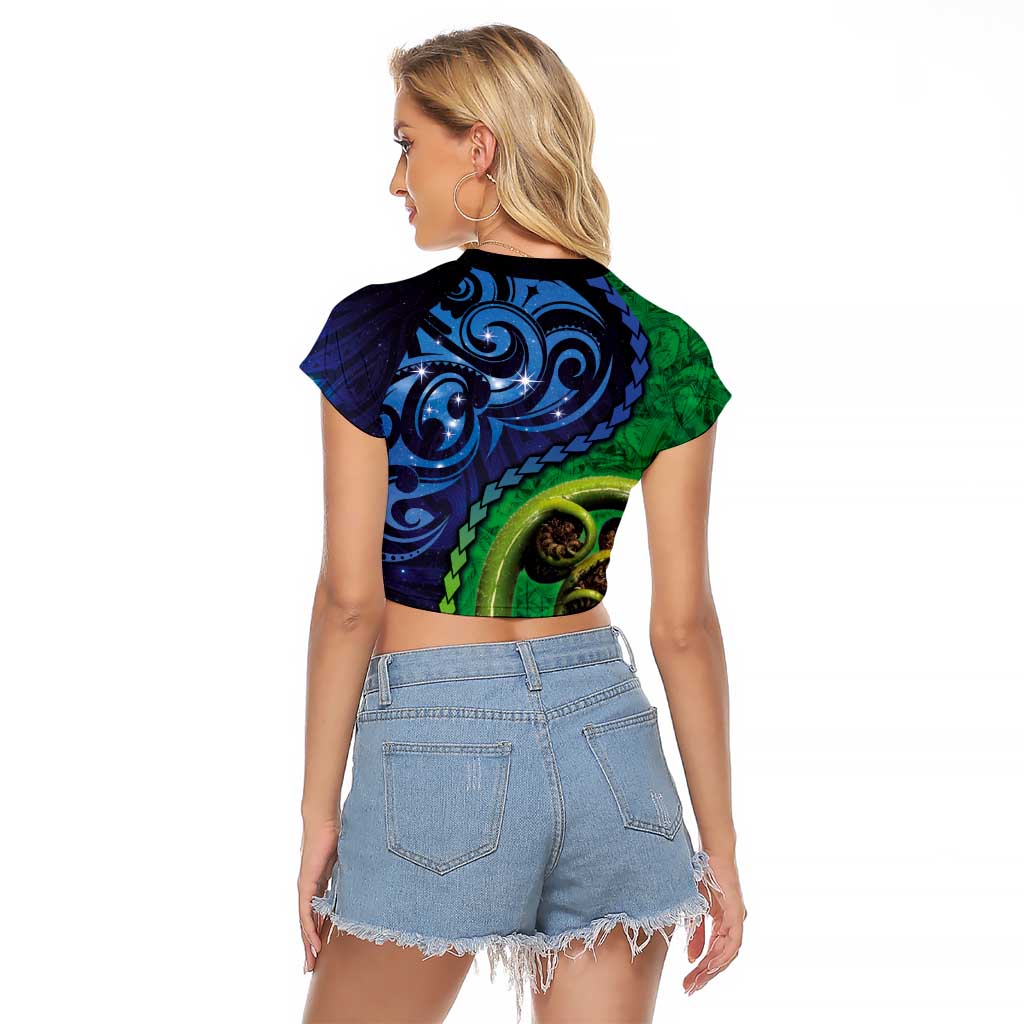 New Zealand Matariki Fern Frond Koru Raglan Cropped T Shirt with Galaxy Blue Sky and Green Paua Shell Art LT03 - Polynesian Pride