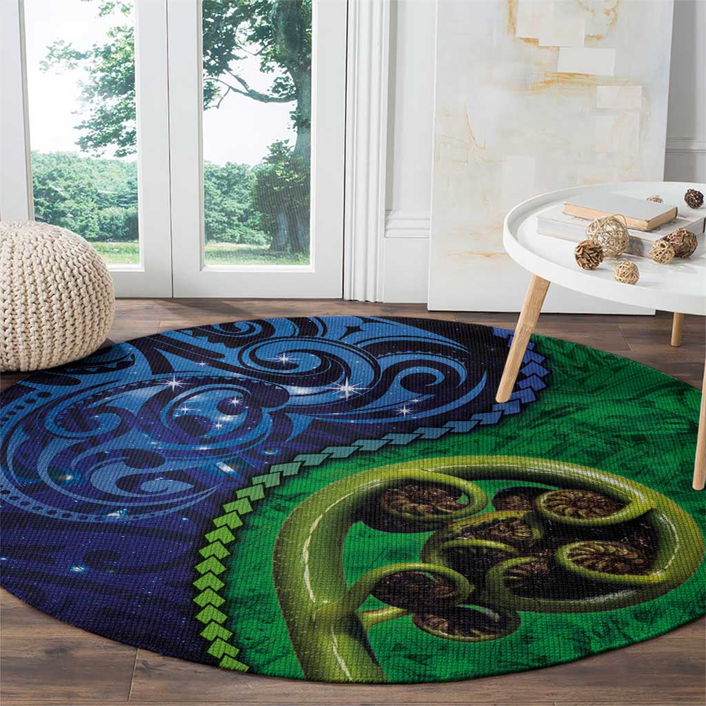 New Zealand Matariki Fern Frond Koru Round Carpet with Galaxy Blue Sky and Green Paua Shell Art