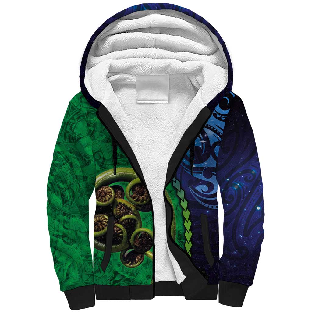 New Zealand Matariki Fern Frond Koru Sherpa Hoodie with Galaxy Blue Sky and Green Paua Shell Art LT03 Unisex Blue - Polynesian Pride