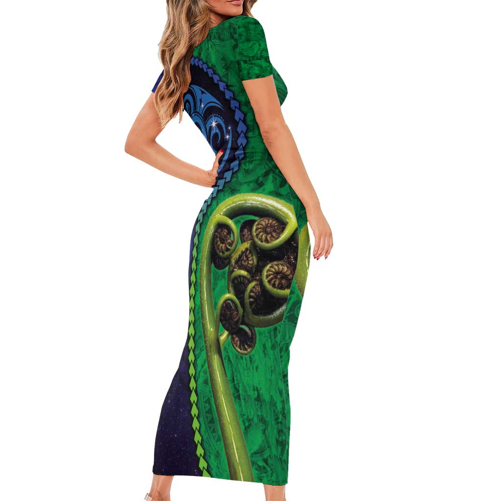 New Zealand Matariki Fern Frond Koru Short Sleeve Bodycon Dress with Galaxy Blue Sky and Green Paua Shell Art LT03 - Polynesian Pride