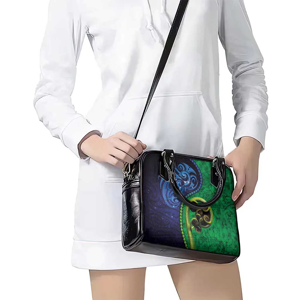 New Zealand Matariki Fern Frond Koru Shoulder Handbag with Galaxy Blue Sky and Green Paua Shell Art