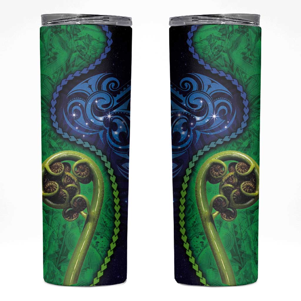 New Zealand Matariki Fern Frond Koru Skinny Tumbler with Galaxy Blue Sky and Green Paua Shell Art LT03 Blue - Polynesian Pride