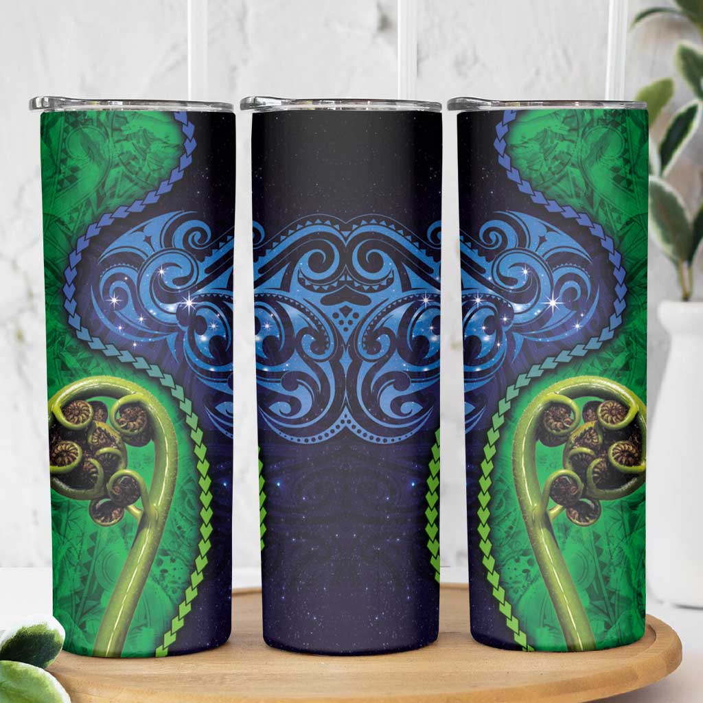 New Zealand Matariki Fern Frond Koru Skinny Tumbler with Galaxy Blue Sky and Green Paua Shell Art LT03 - Polynesian Pride