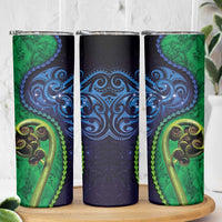 New Zealand Matariki Fern Frond Koru Skinny Tumbler with Galaxy Blue Sky and Green Paua Shell Art LT03 - Polynesian Pride