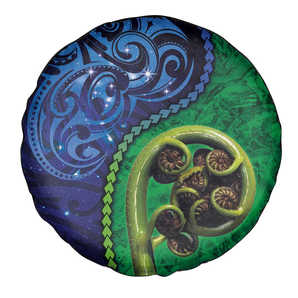 New Zealand Matariki Fern Frond Koru Spare Tire Cover with Galaxy Blue Sky and Green Paua Shell Art LT03 - Polynesian Pride